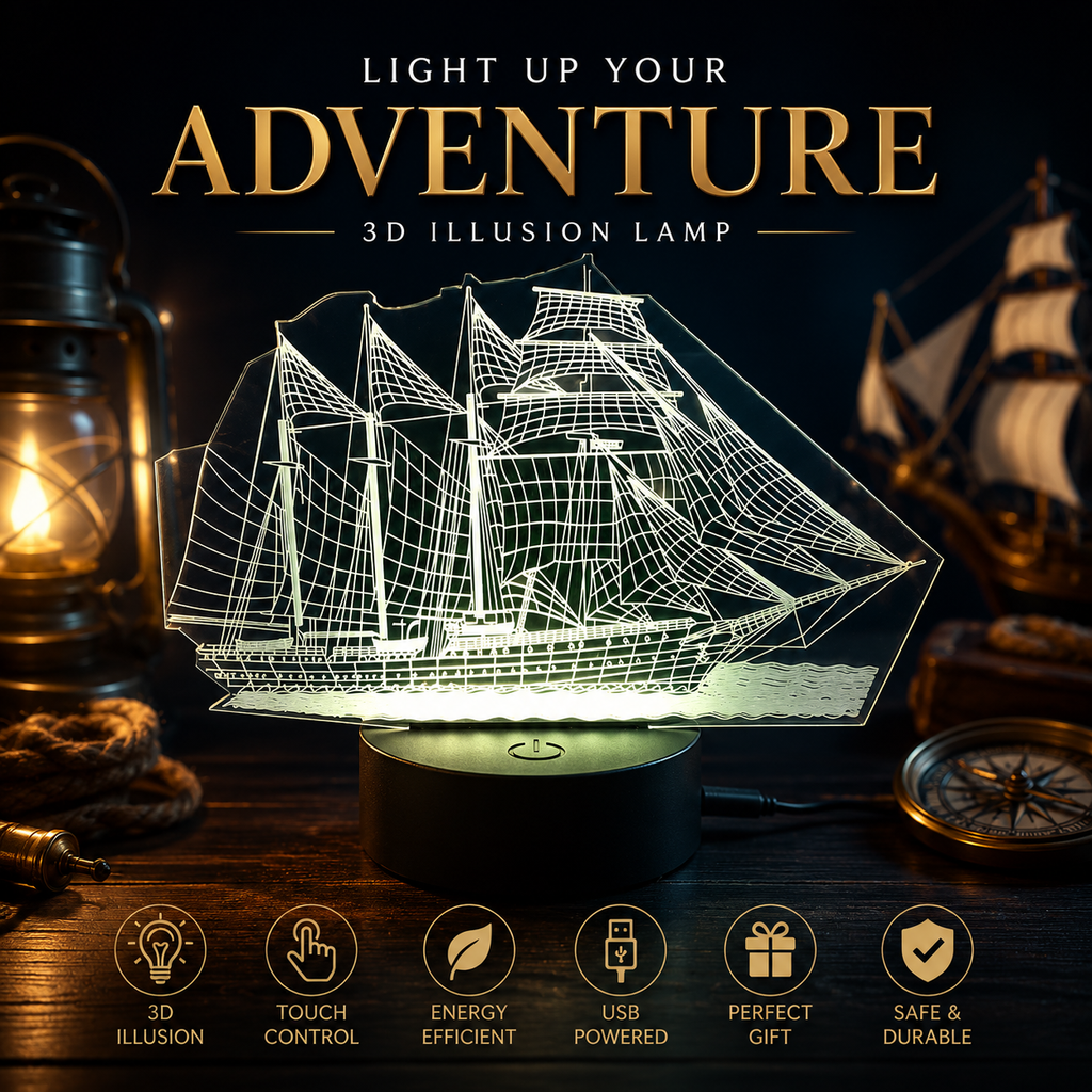 3D Illusion Sailing Ship Lamp – 7 Color LED Night Light