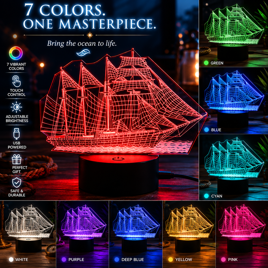 3D Illusion Sailing Ship Lamp – 7 Color LED Night Light