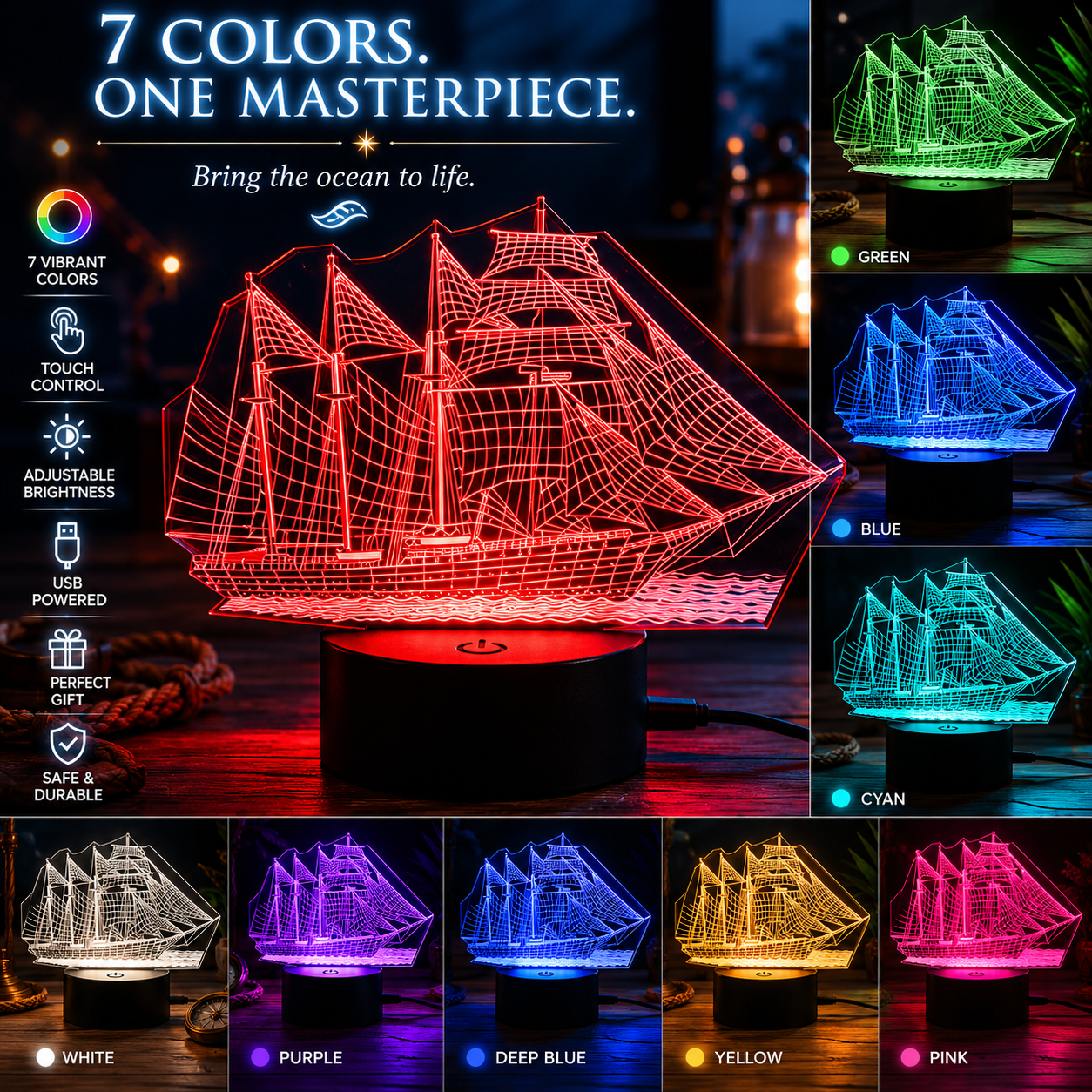 3D Illusion Sailing Ship Lamp – 7 Color LED Night Light